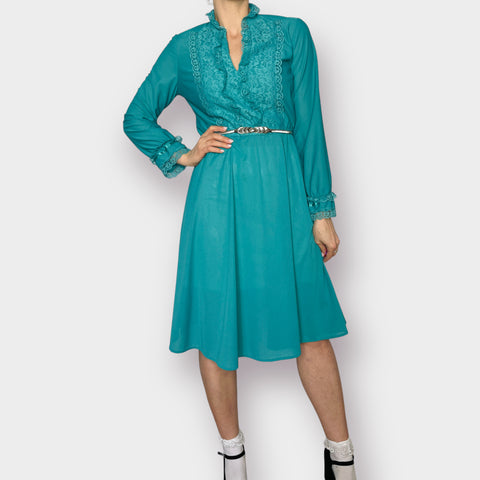 80s Jane Baar Teal Day Dress with Lace Trim