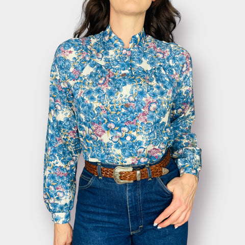 70s Pykettes Blue and Purple Floral Blouse