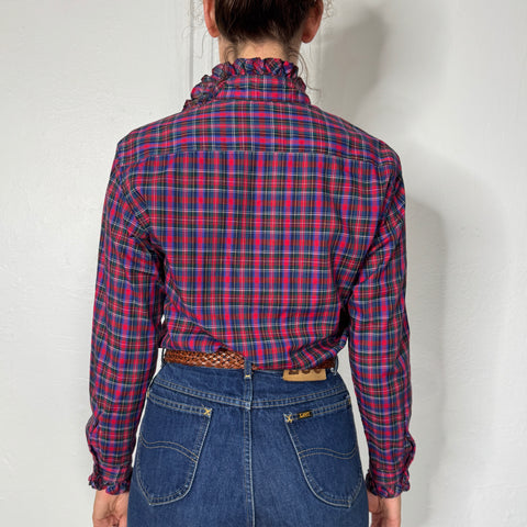 80s Circle Square Plaid Blouse with Ruffle Collar size S