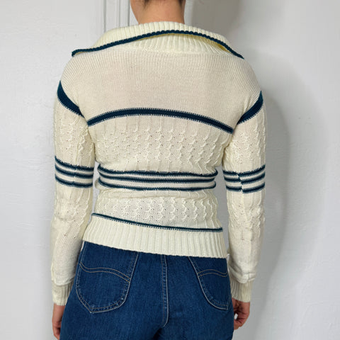 70s Cream and Blue Striped Sweater Size XS