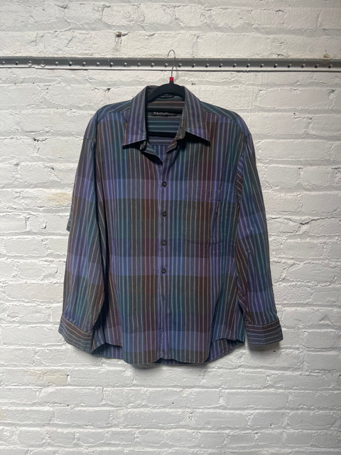 80s Equipment Blue Purple Gray Top Size L