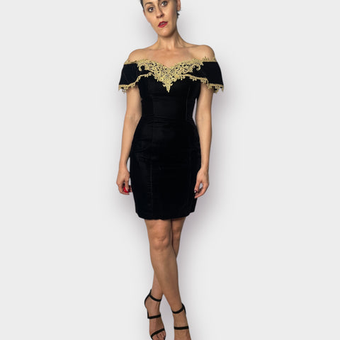 90s Steppin’ Out Black Velvet Dress with Gold Lace Size XS