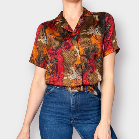 70s Autumnal Short Sleeve Blouse Size M