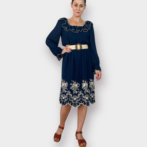70s Argent File LTD Navy Dress with Ruffle Collar and Eyelet Hem