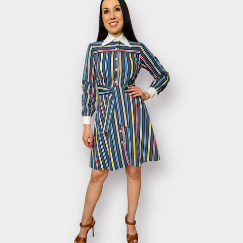 70s Blue Yellow Red Striped Dress with White Collar