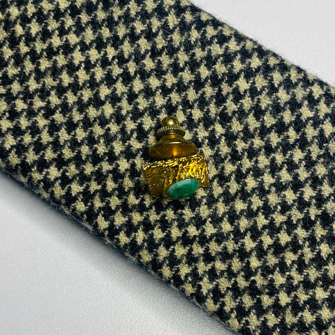 60s Art Deco Gold Tone Cufflinks and Tie Tack Set with Green Stone