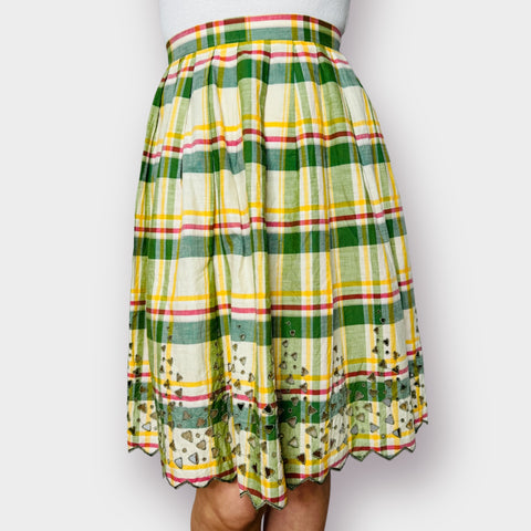 70s Green Yellow Plaid Skirt with Cut-Out Edges