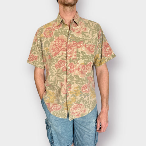90s Tones Tan Floral Button Front Size L