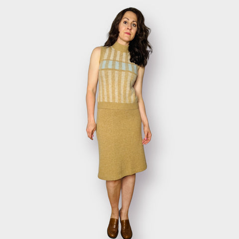 70s Anne Fogarty Wool Angora Blend Tan with Blue Skirt Set