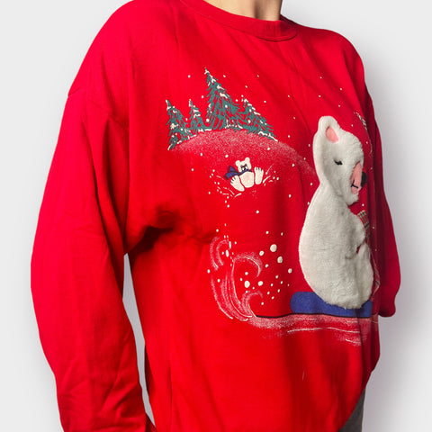 80s Polar Bear Sledding Holiday Scene Sweatshirt