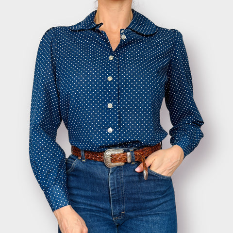 70s Navy Polka Dot Blouse Size M