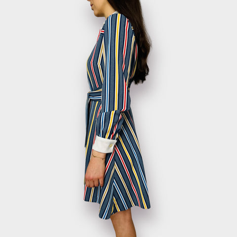 70s Blue Yellow Red Striped Dress with White Collar