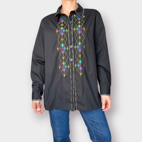 00s Bob Mackie Black Diamond Embroidered Shirt Size XL
