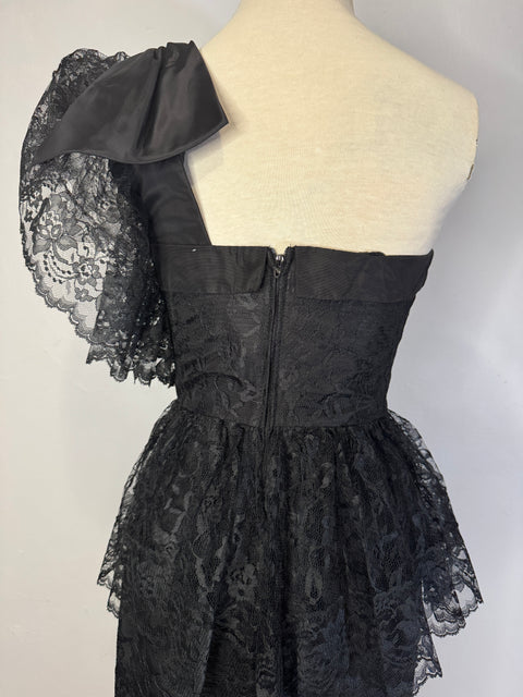80s Climax Black Lace One Shoulder Party Dress Size XS
