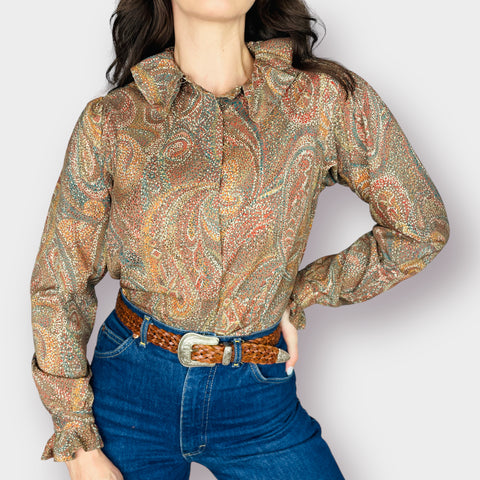 70s Evan Picone Tan and Neutrals Paisley Ruffle Collar Blouse