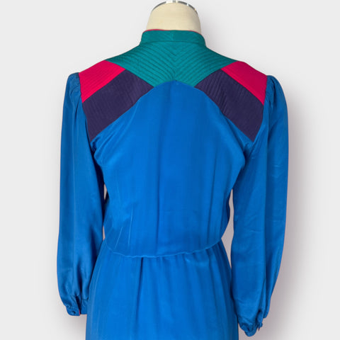 80s Argenti Blue silk dress w/ teal navy pink Size XS