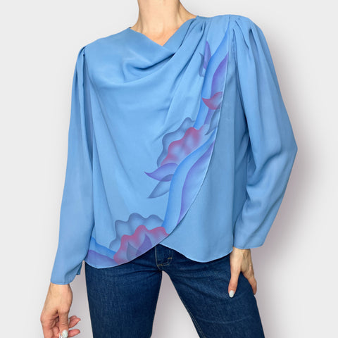 80s Blue with Floral Detail Drape Front Blouse