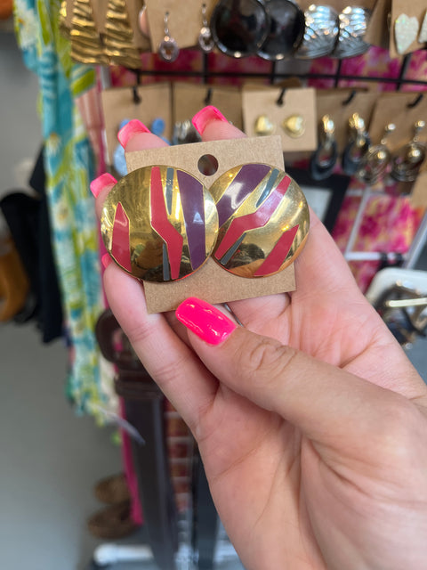 80s Gold Pink Purple Circle Earrings