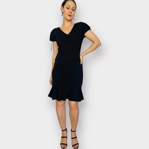 90s Carolyn Eve Black Ruffed Hem Dress