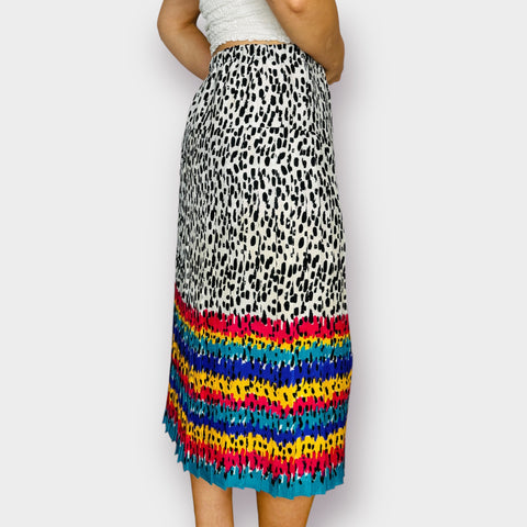 80s Speckled Print Pleated Midi Skirt with multicolor hem