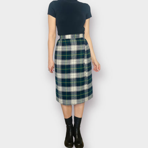 70s Green and Navy Plaid Vintage Skirt