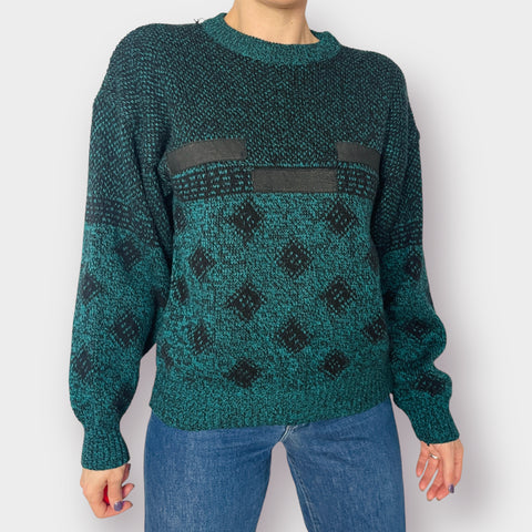 80s Chartwell Green and Black sweater with leather patches