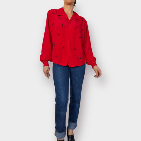 90s Red Blouse w/ Beaded Flowers Size L