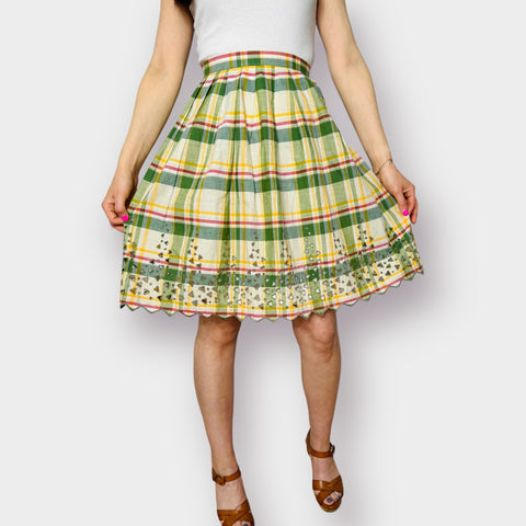 70s Green Yellow Plaid Skirt with Cut-Out Edges