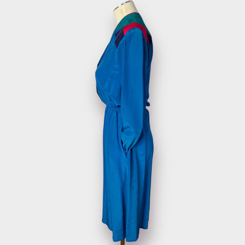 80s Argenti Blue silk dress w/ teal navy pink Size XS