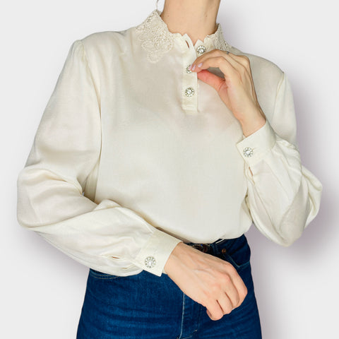 80s Valentino Cream Lace Collar Jeweled Button Blouse