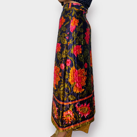 70s Quilted Colorful Floral Maxi Skirt