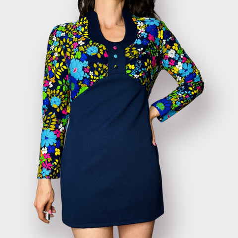 70s Navy and Floral Mini Dress