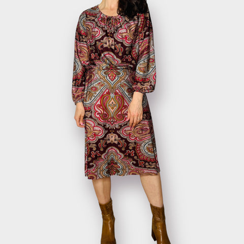 70s Umba for Parnes Feinstein Burgundy Brown Paisley Midi Dress