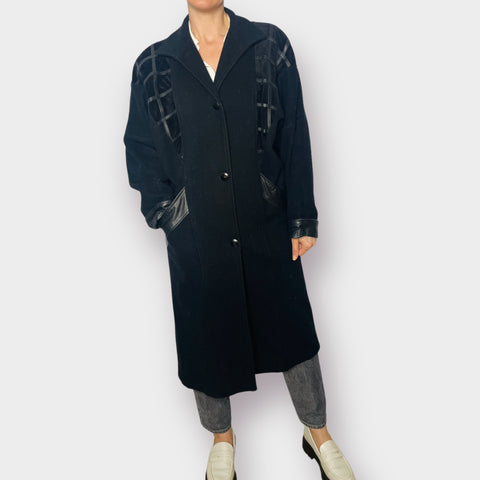 80s Black Wool and Leather Overcoat