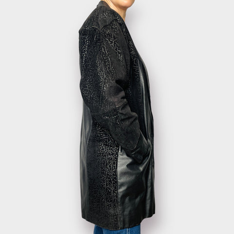 80s Comint Leather and Textured Suede Black Mid Length Coat