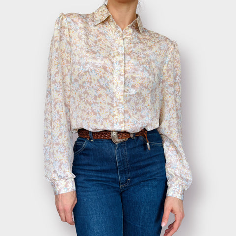 80s Peepers white and tan multi color floral blouse Size L