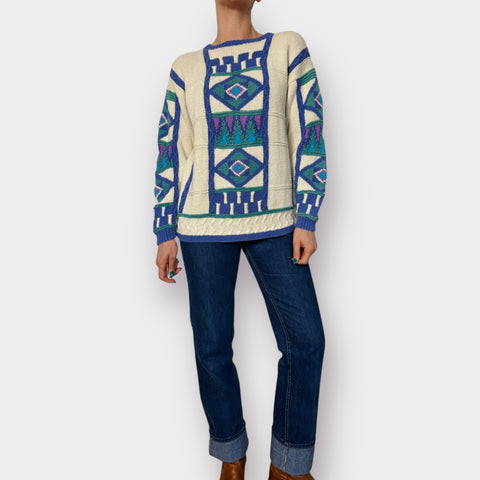 90s Segrets Sun Prints cream geometric blue print sweater Size M