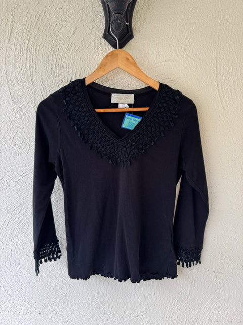 Y2K Nature Art Black Lace Trimmed Top size S