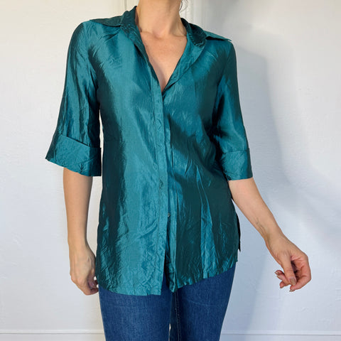 Y2K Teal Silk Blouse Size S