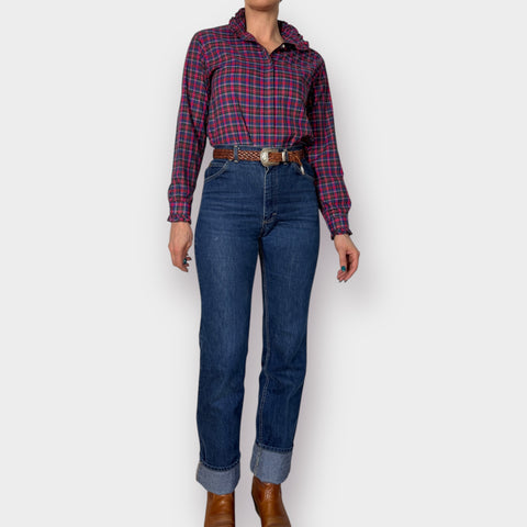 80s Circle Square Plaid Blouse with Ruffle Collar size S
