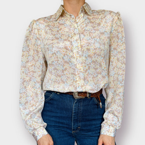 80s Peepers white and tan multi color floral blouse Size L