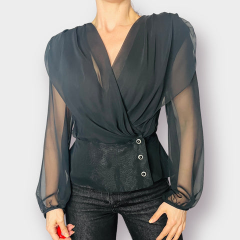 80s Patra Black Sheer Sleeve Dramatic Blouse