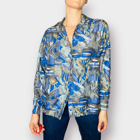 90s S.I.N.Y. Blue Aqua Gray Abstract Print Silk Shirt