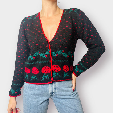 80s Components Black Red Rose and Holly Holiday Sweater