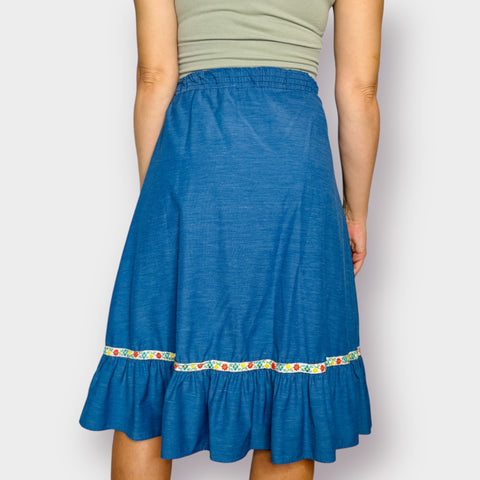 70s Blue Skirt with Floral Ribbon Trim