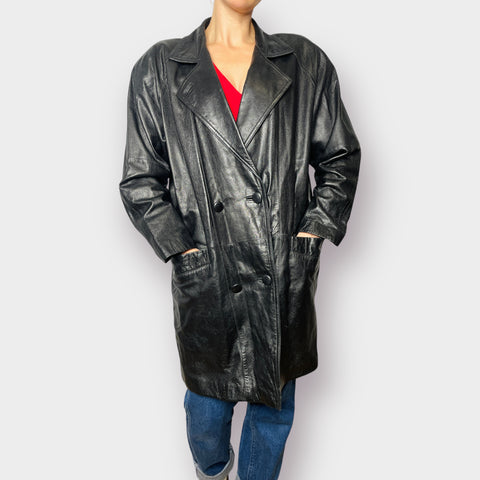 80s Bonton Black Mid Length Leather Jacket