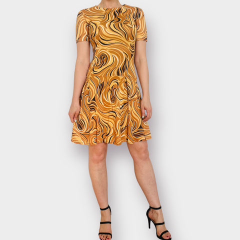 60s Holly Hill Golden Yellow and Black Swirl Pattern Dress