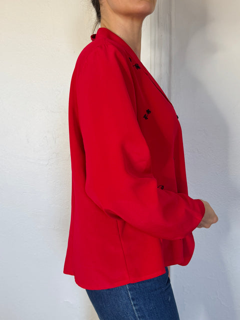 90s Red Blouse w/ Beaded Flowers Size L