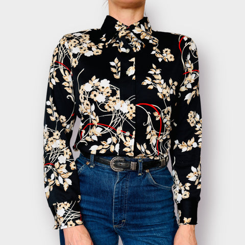 70s Lori-Lynne Black Tan Floral Blouse Size M