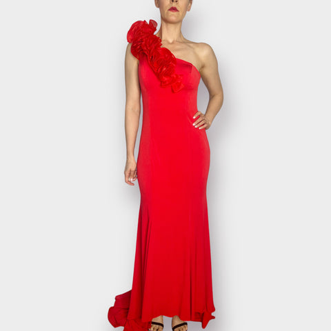 Red One Shoulder Long Gown with Train